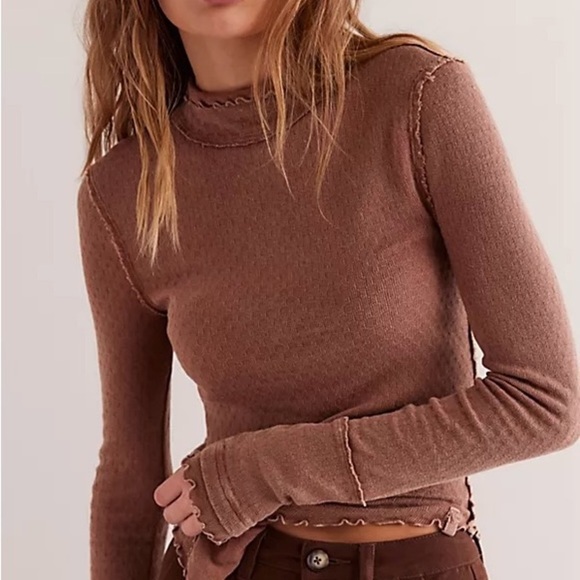 We The Free Tops - Free People Rust Red Long Sleeve Lettuce Trim Top